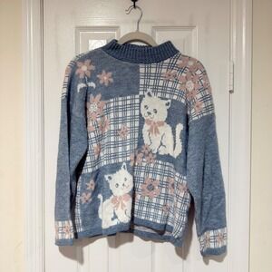 Vintage Blue Pink Cat Floral‎ Mock Neck Sweater Women's Medium